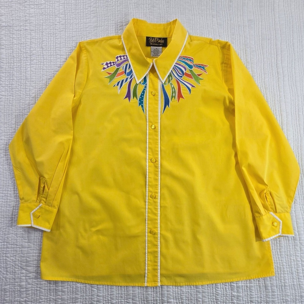 Bob Mackie Wearable Art Blouse Women 1X Yellow EUC Ribbon Embroidered Top